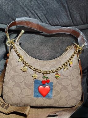 be inspired Beige Signature-Print Shoulder Bag with Gold Charm Chain